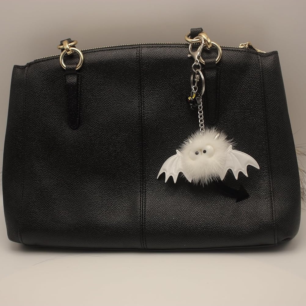 White Furry Bat Keychain Charm with Mini Bat Accent - Picture 4 of 9